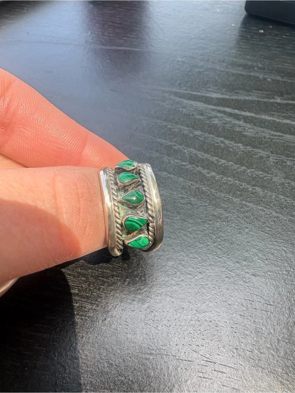 Vintage Navajo Sterling Silver Green Malachite 5 Stone Inlay Ring - Size 8.5